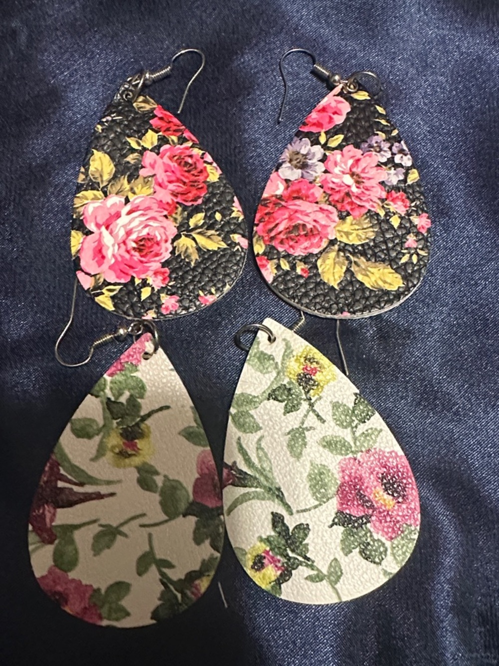 Floral Teardrop Leatherette Earrings - Pink & Black / Pink & White